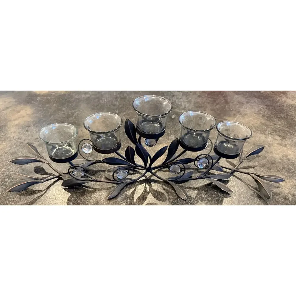 Decorative Black Metal Leaf Votive Candle Holder 5 Glass Cups Table Centerpiece